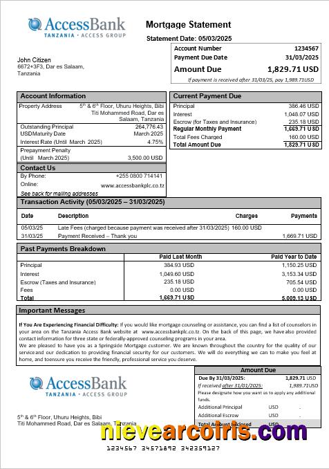 Tanzania Access Bank mortgage statement